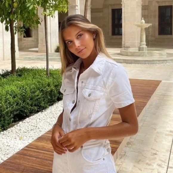 Zara Oyster White Denim Jumpsuit - Picture 6 of 8